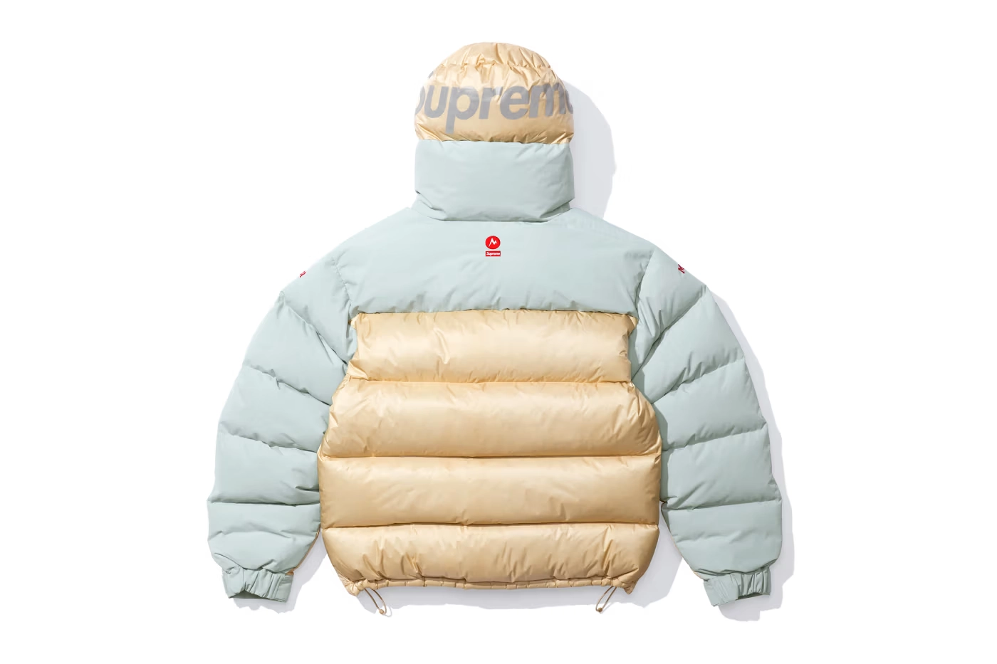 supreme x marmot fall 2025 down jacket beige and pastel from the back