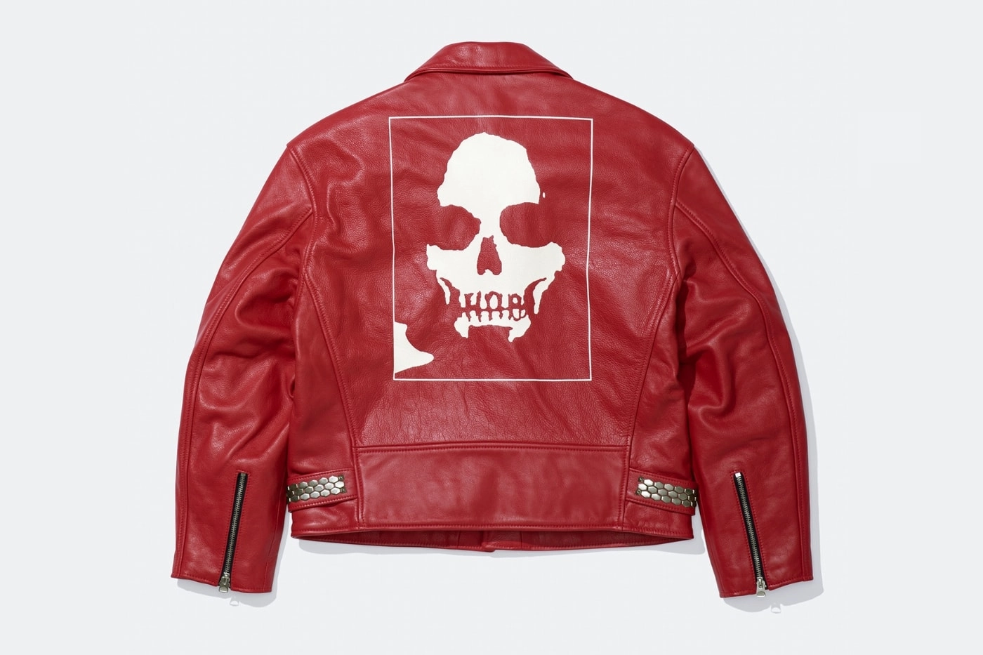 veste en cuir rouge avec motif de crâne blanc au dos, collaboration Supreme x Number (N)ine