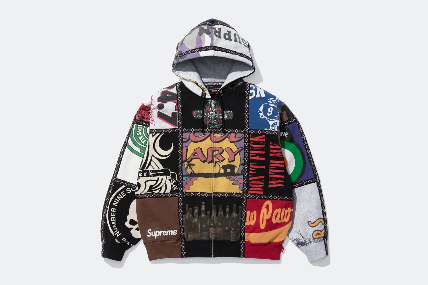 sweat à capuche Supreme Number N(ine) patchwork avec motifs multicolores, posé sur fond blanc