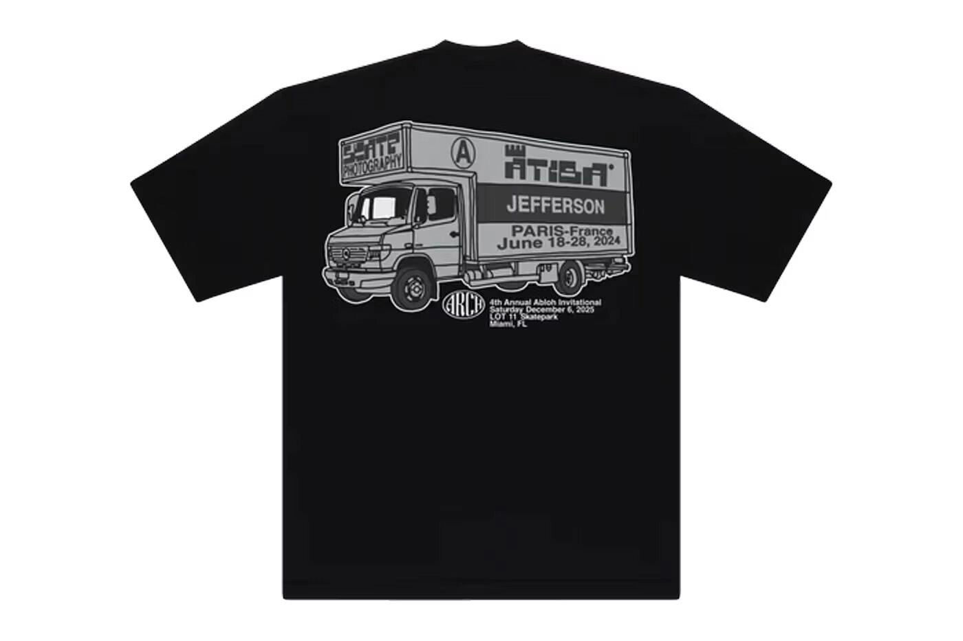 Black Virgil Abloh T-shirt with truck drawing and event text Paris