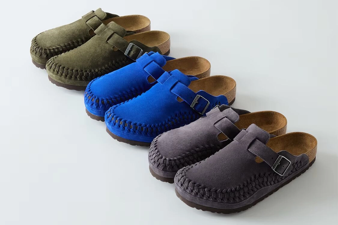Collection de sabots Kith x Birkenstock en vert, bleu et gris sur fond blanc