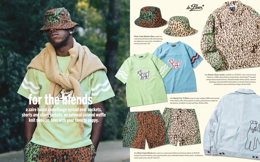 Collection Le Fleur saison 4 avec chapeaux et vêtements camouflage et chiots