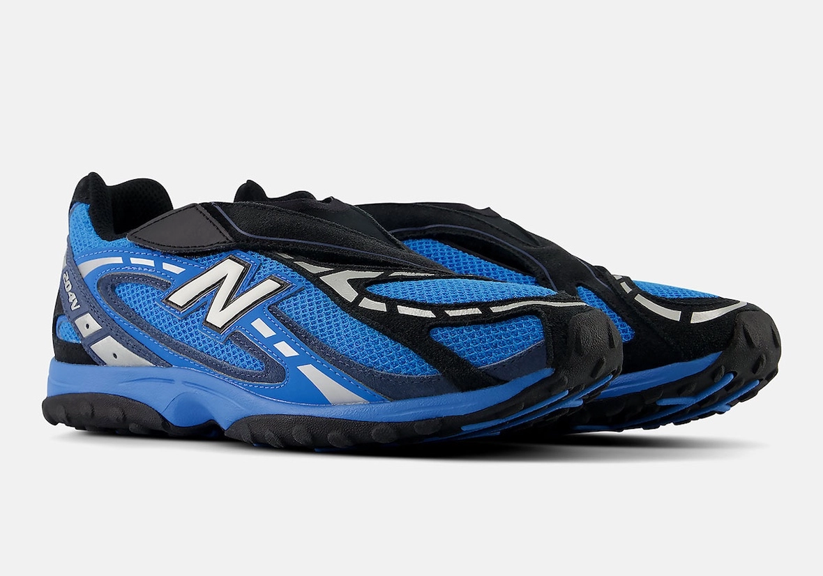 New Balance 204V Fan Blue vue trois quarts, mesh bleu et suède noir