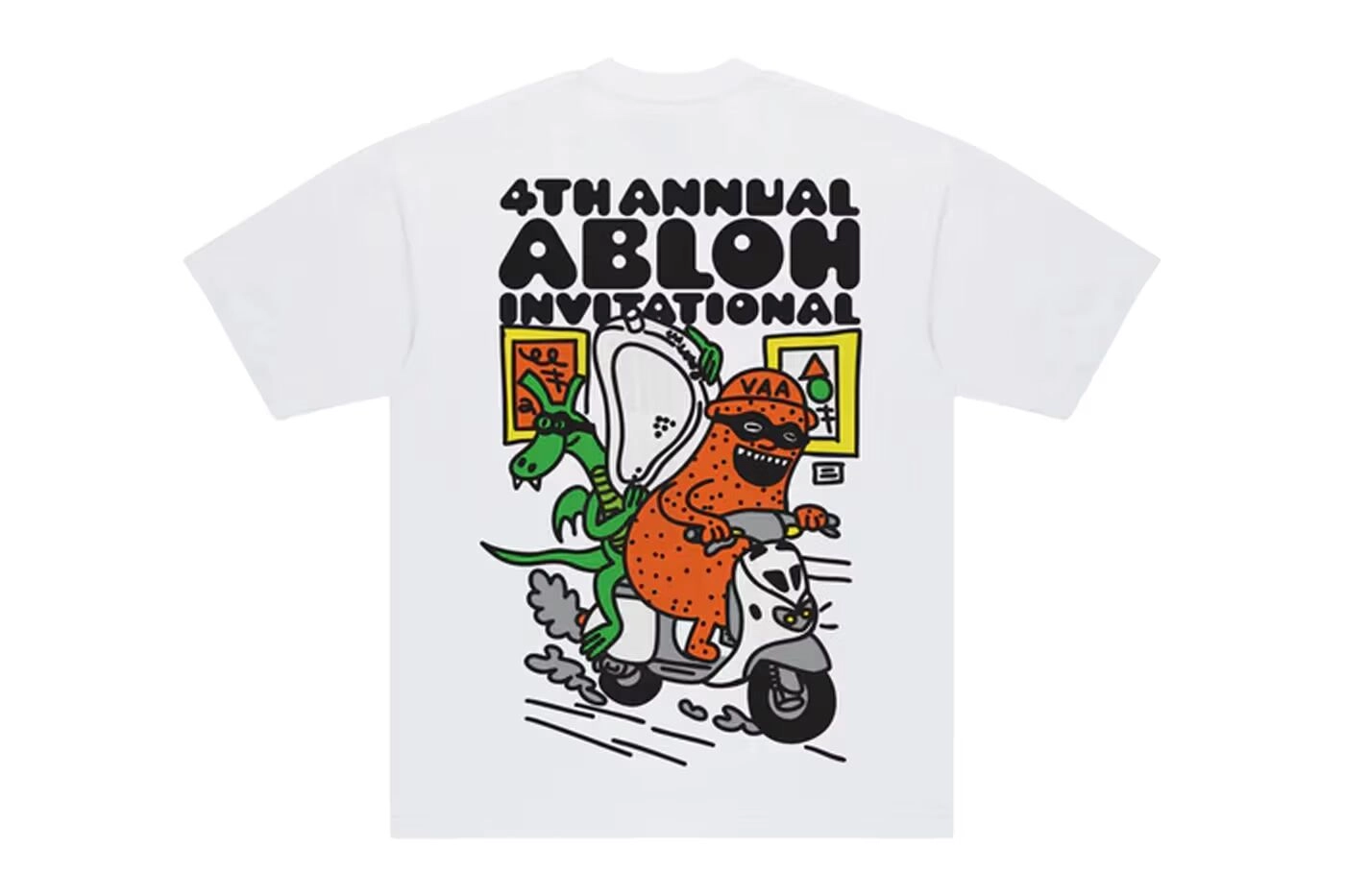 White T-shirt with colorful graphic '4th Annual Abloh Invitational' showing a character on scooter