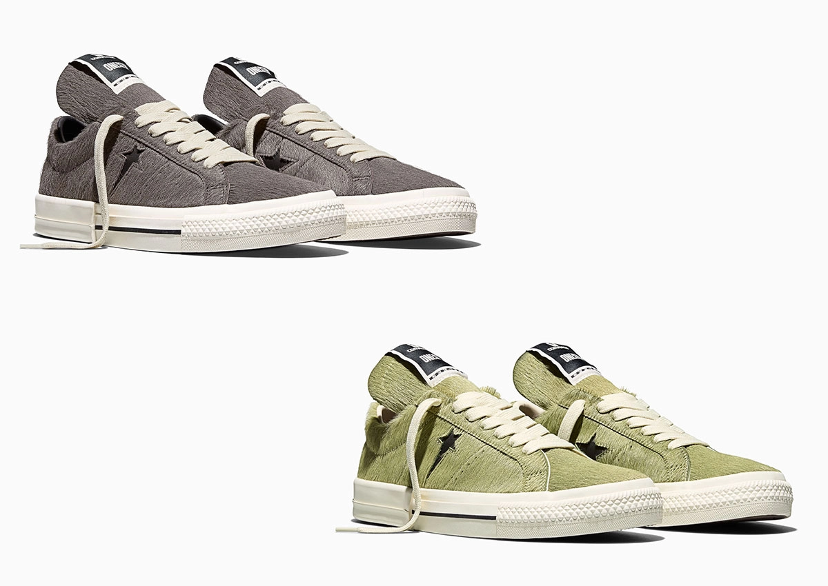 deux paires de sneakers Rick Owens DRKSHDW Converse One Star grises et vertes posées sur fond blanc