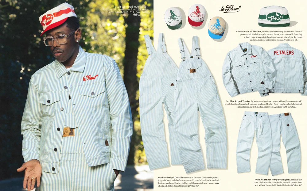 Tyler the creator wearing a striped blue jacket and overalls from Le Fleur season 4 with a red hat