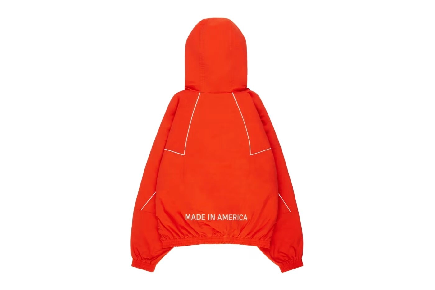 Red Nahmias hoodie with text 'MADE IN AMERICA' on the back