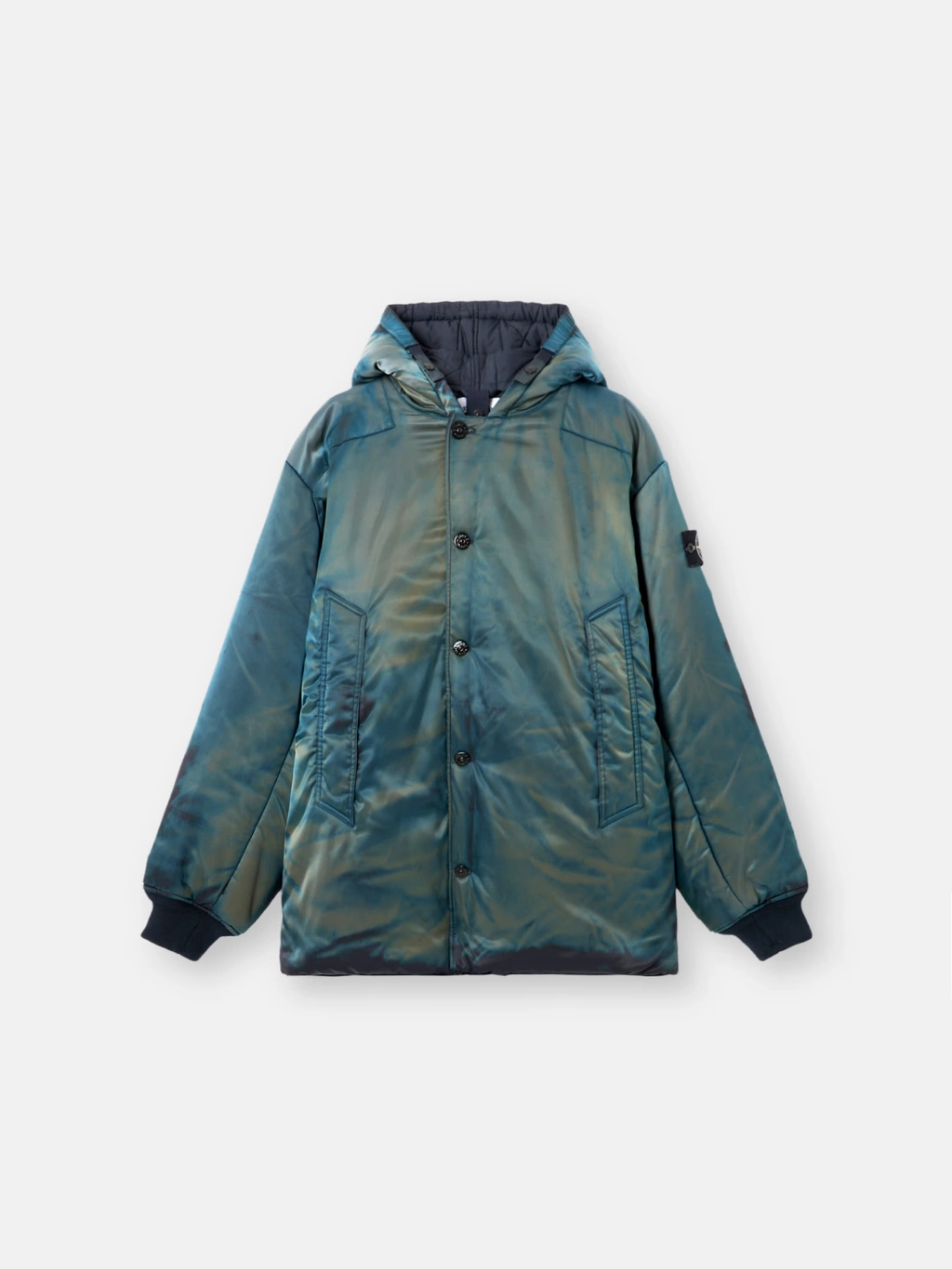 Stone Island x Porter blue nylon jacket with hood, corrosion effect, placed on a white background
