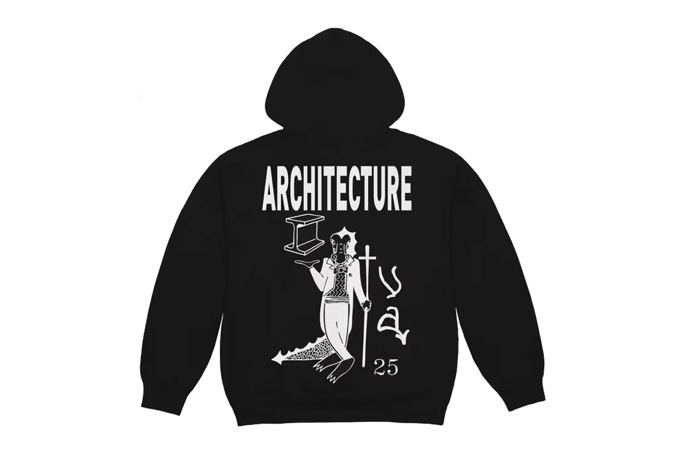Back view of a black hoodie with Virgil Abloh Cactus Jack graphics and text 'ARCHITECTURE'