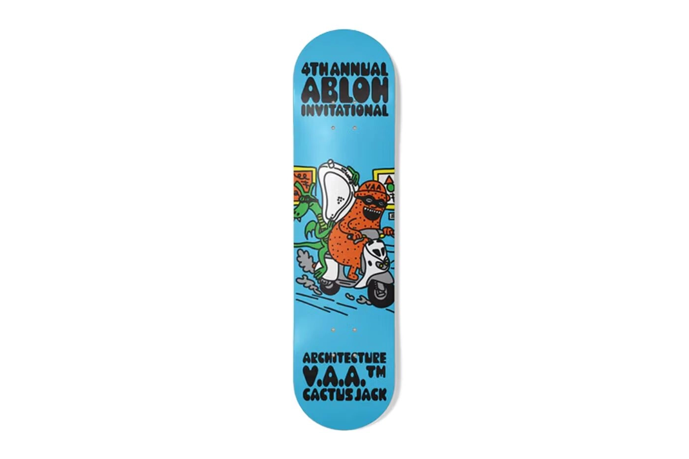 Blue skateboard with Abloh Invitational and Cactus Jack graphic design