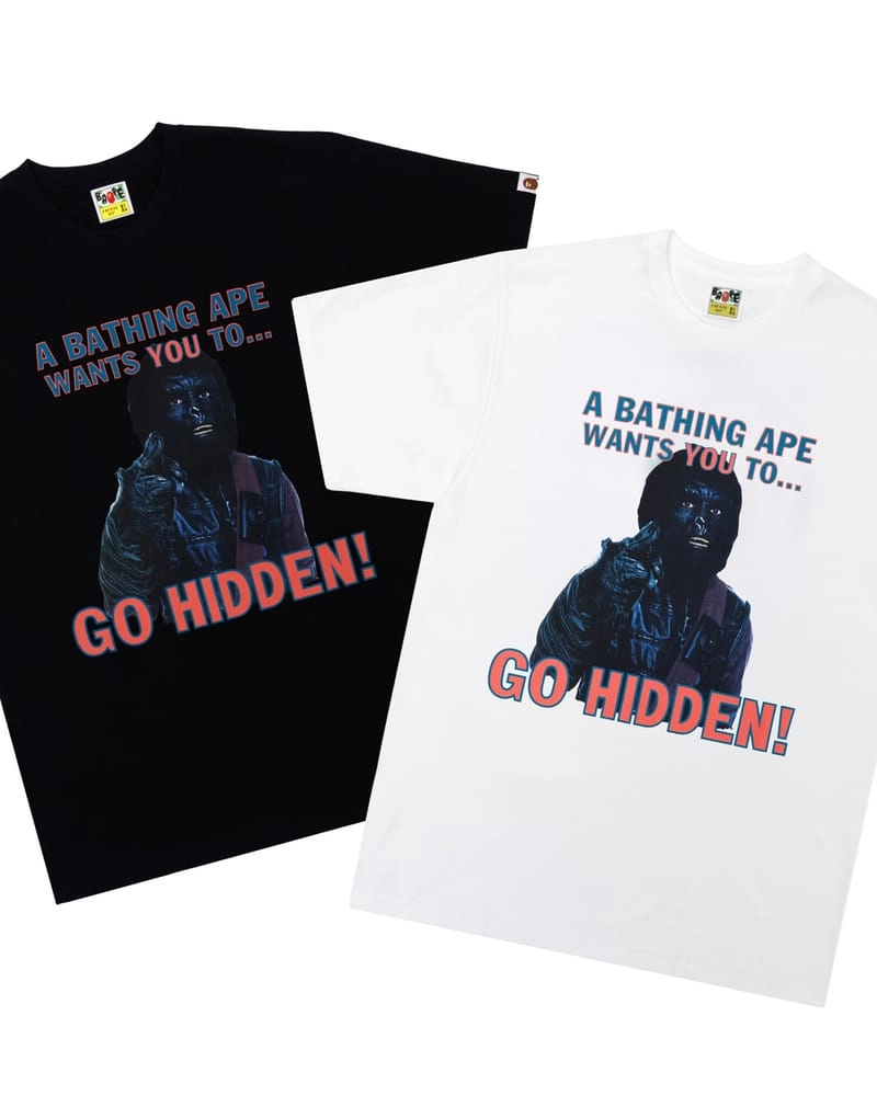 BAPE x Hidden NY t-shirts in black and white featuring the visual A Bathing Ape Wants You to Go HIDDEN