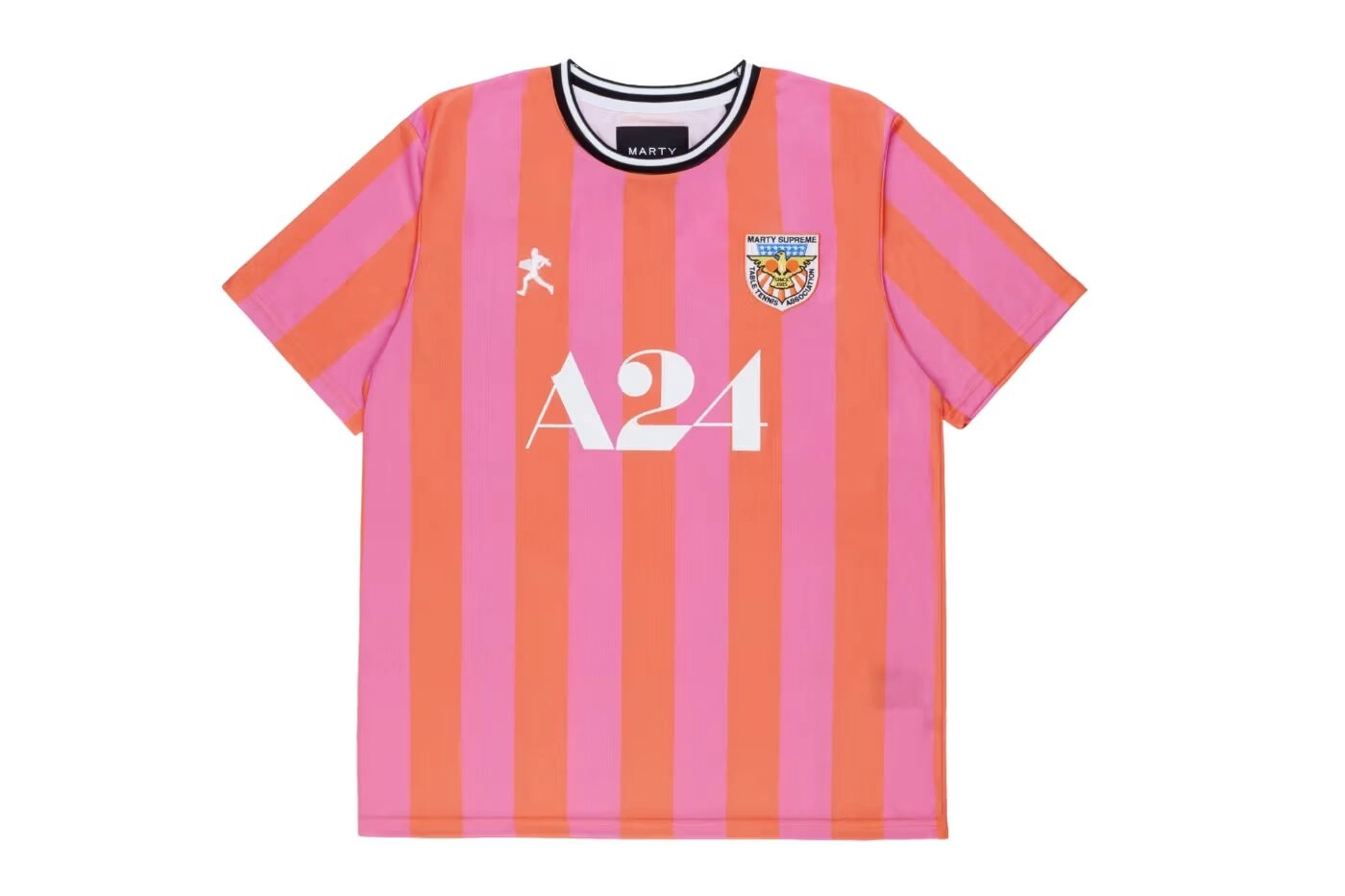 T-shirt à rayures rose et orange avec logo Marty Supreme et A24