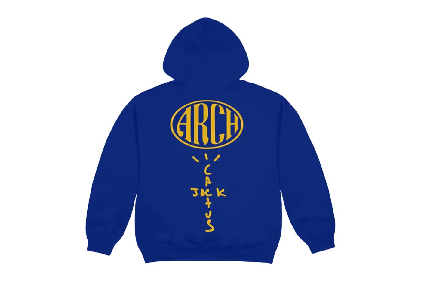 Blue hoodie with yellow ARCH Cactus Jack logo on the back
