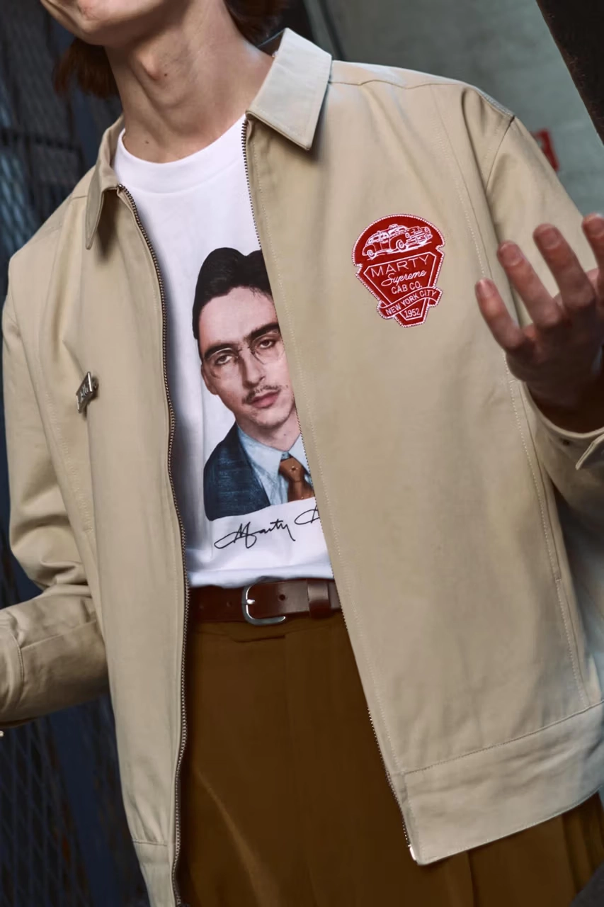 Golf Wang's Marty Supreme Collection man wearing beige jacket
