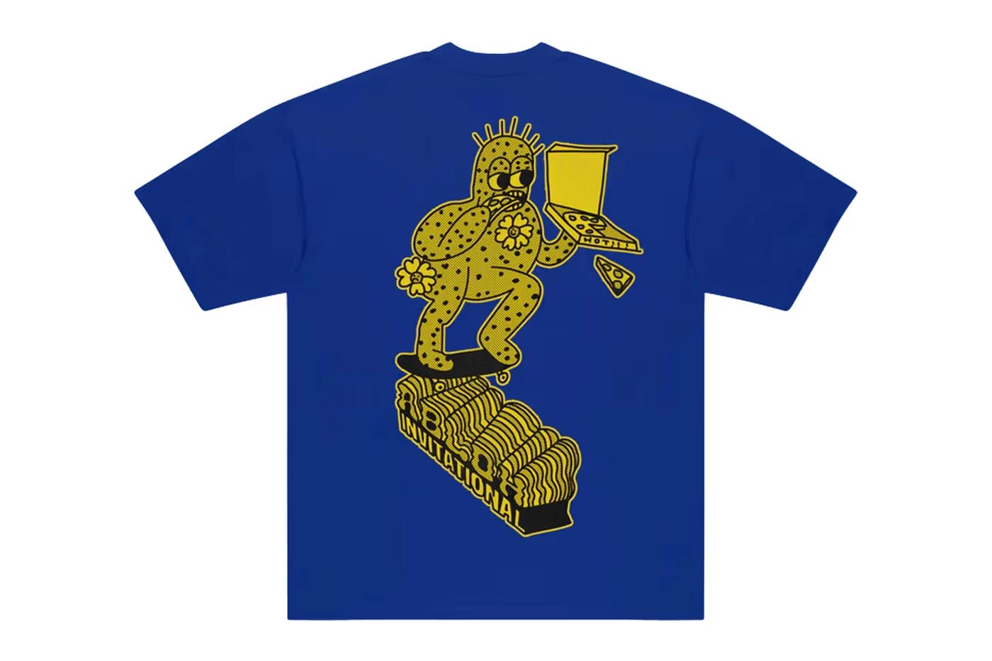 Blue T-shirt with yellow Cactus Jack illustration on skateboard and pizza on the back